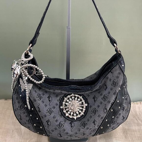 Baby Phat Vintage Shoulder Bag Black Gray Monogram Studded Logo Rhinestone Rare - Picture 1 of 7